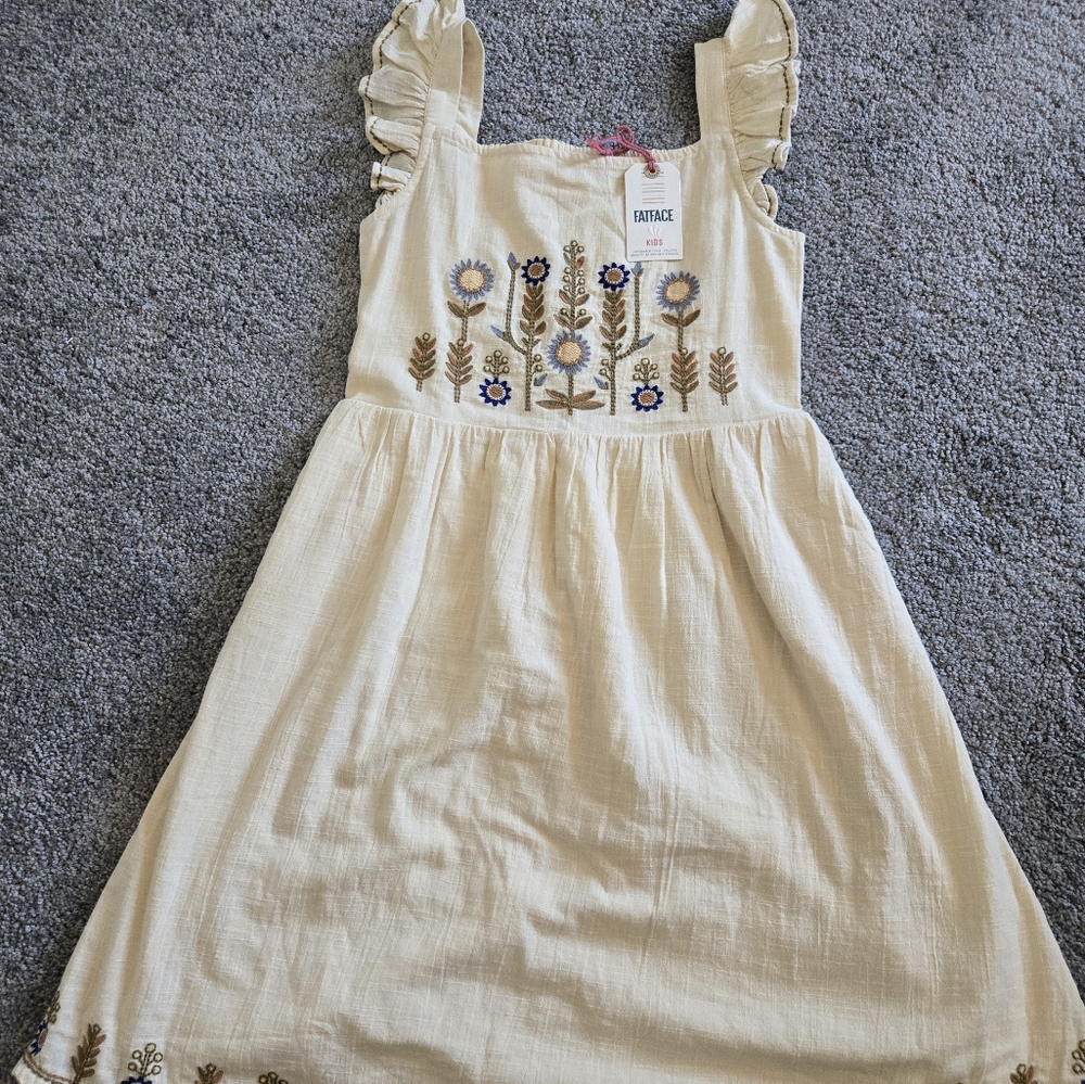 Fat Face girls' natural cotton embroidered summer dress.